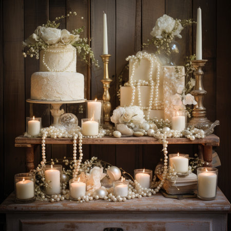 Wedding cake, candles and pearls on a wooden shelfの素材