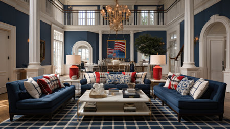 Luxury living room with blue walls and classic furniture.の素材