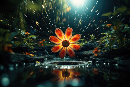 Beautiful flower in garden at night with water drops. Nature backgroundの素材
