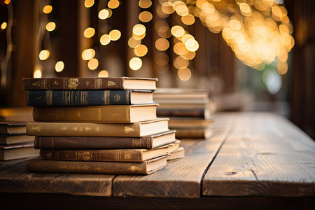 Pile of old books on a wooden table with bokeh backgroundの素材