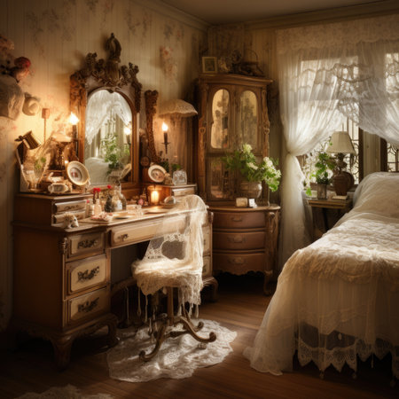 Vintage interior of a room with a mirror and a chest of drawersの素材