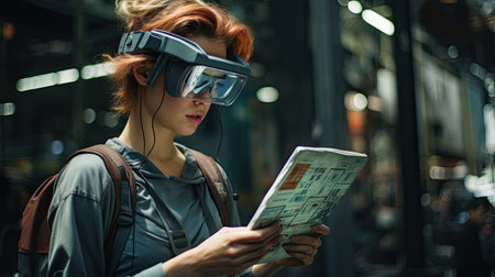 Young woman wearing virtual reality goggles and reading newspaper in the city.の素材