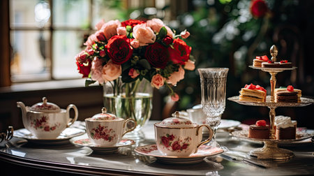 Coffee and cakes on the table in a restaurant. Table setting for an event partyの素材
