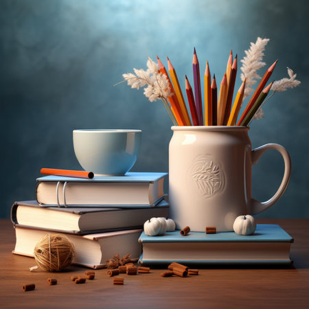 Books, pencils and cup of coffee on a wooden table.の素材