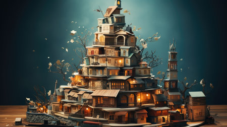 Christmas tree made of wooden houses and lanterns.の素材