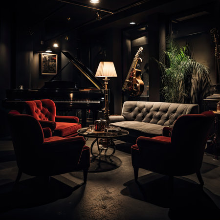 Luxury interior of the living room with red armchairs and a pianoの素材