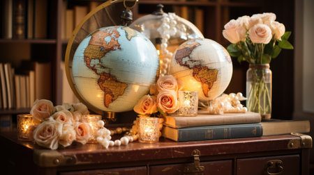 Vintage still life with vintage globe, books and candlesticksの素材