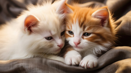 Two cute kittens on soft blanket, closeup. Fluffy petsの素材