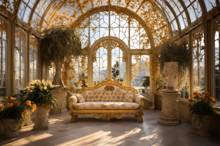 Luxury interior of living room with golden armchair, flowers and mirror.の素材