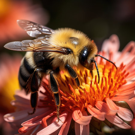 Close up of a bee collecting pollen on a dahlia flowerの素材