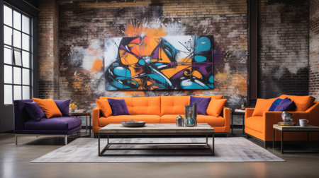Contemporary living room interior with orange sofa and coffee table.の素材