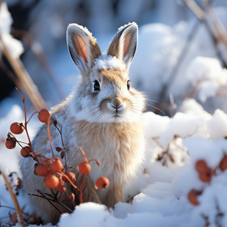 Cute rabbit in the winter forest. Animal in the nature.の素材