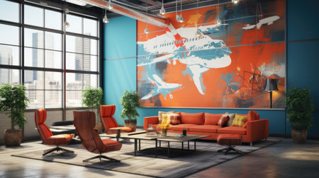 Interior of modern office with orange and blue walls, concrete floor, comfortable orange sofa and round coffee table with orange armchairs.の素材