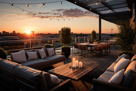 Beautiful sunset on the terrace of a modern house in the cityの素材