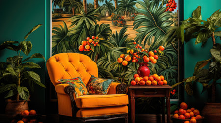 Vintage interior with tropical plants and orange armchair.の素材