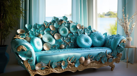 Sofa decorated with turquoise cushions in living roomの素材