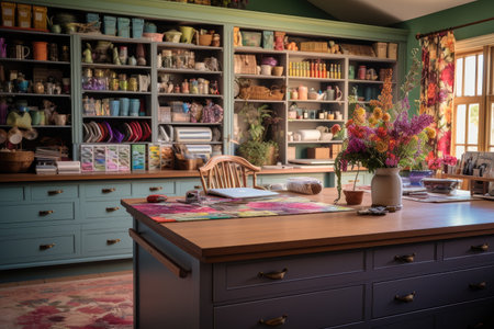 Interior of a vintage furniture store with bookshelf and shelvesの素材