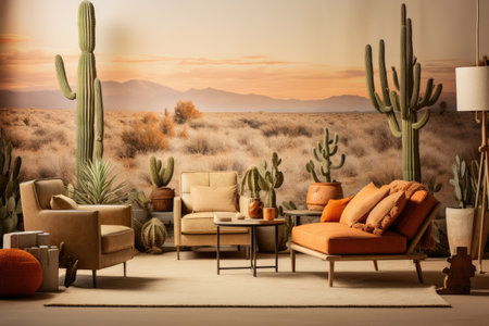 Interior of a desert living room with armchairs and cactiの素材