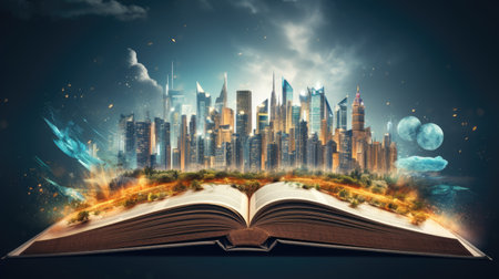 Open book with cityscape and planet earth in the pages,の素材