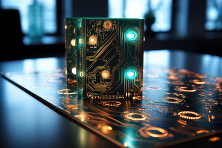 Close-up of printed circuit board on tableの素材