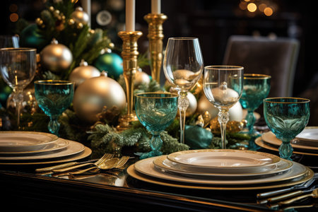 Beautiful Christmas table setting in blue and gold colors. Selective focus.の素材