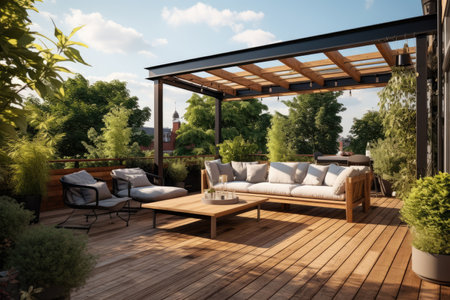 Outdoor terrace with furniture and wooden deck.の素材