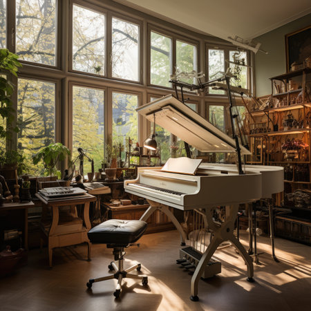 Piano in a classical music room with a large window in the backgroundの素材