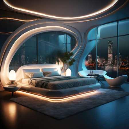 Luxury bedroom interior design with night city view.の素材