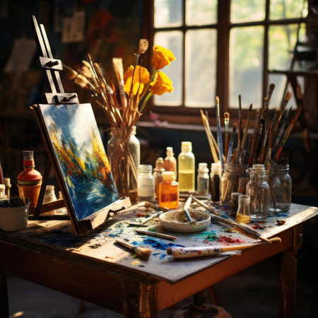 Painting still life with palette and brushes on table in artist studioの素材