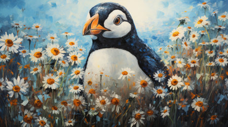 Penguin in the field of daisies.の素材
