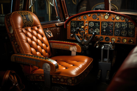 Interior of an old airplane with leather seats and steering wheel.の素材