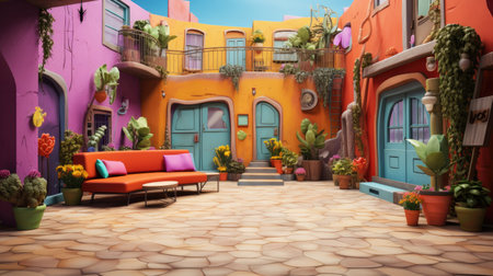 Terracotta colored houses with terracotta floor and a sofaの素材