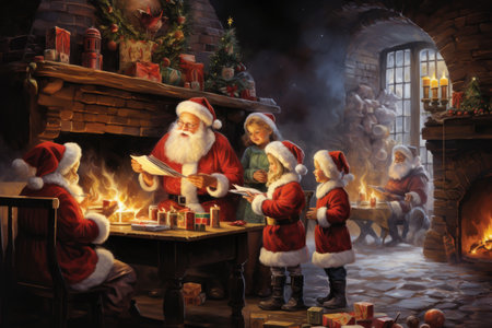Santa Claus reading a book to his children in a fireplace at Christmasの素材