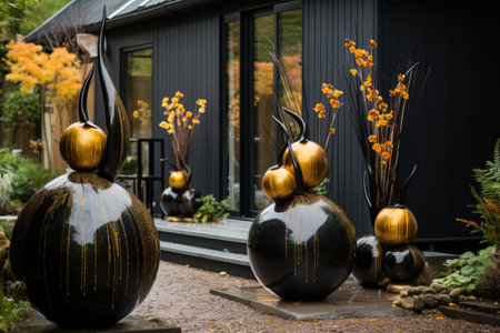 Garden decoration with black vases in front of the house.の素材