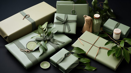 Beautiful green gift boxes on black background with eucalyptus branchesの素材