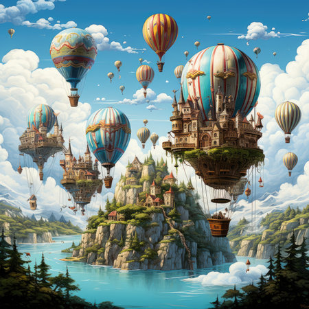 Fantasy landscape with flying hot air balloons and fairy-tale castlesの素材