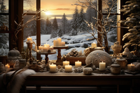 Christmas still life with burning candles, Christmas tree and snow covered mountains in the backgroundの素材