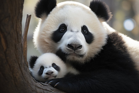 A giant panda bear with her baby in the zooの素材