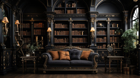 Luxury interior of a classic library with bookshelf and leather sofa.の素材