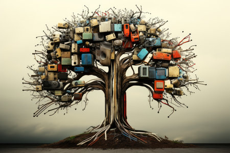 Conceptual image with old computer monitors in the shape of a treeの素材