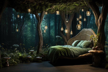 a fantasy bed in the forest with lanternsの素材