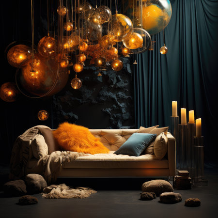 Modern interior. Comfortable sofa with pillows and candles.の素材