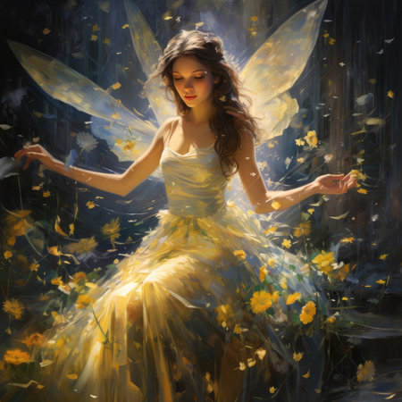 Fantasy portrait of a beautiful fairy with yellow flowers in her hairの素材