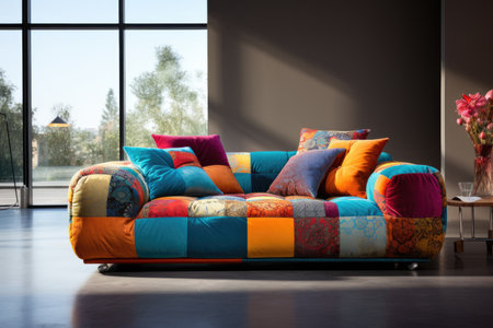 Interior of modern living room with sofa, pillows and windowの素材