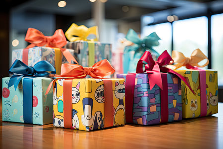 Colorful gift boxes with bows and ribbons on the wooden floorの素材