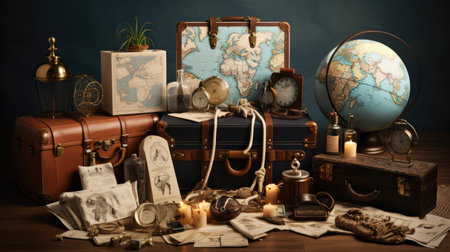 Vintage still life with old world map, globe, compass and other objectsの素材