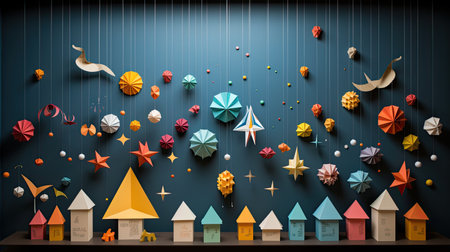 Colorful paper origami houses with origami birds and stars.の素材