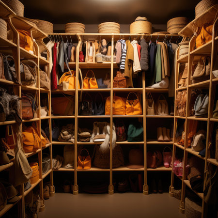 Closet with clothes and accessories in the wardrobe of the roomの素材