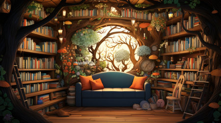 Illustration of a fantasy room with a bookcase and a sofaの素材
