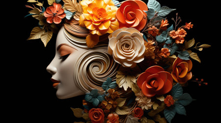 beautiful woman face with flowers and leaves on black backgroundの素材